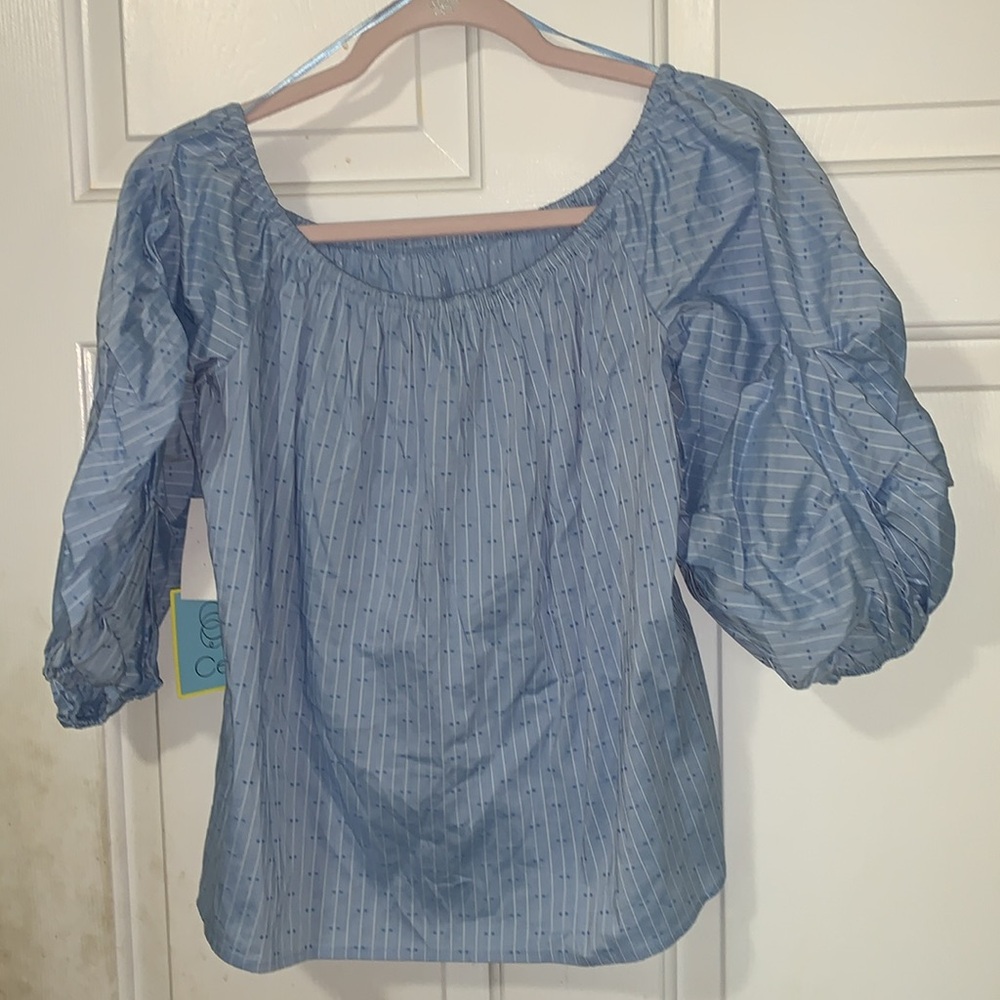 πΊπΈ CECE Blue Off-the-shoulder Balloon-sleeve Blouse NWT M - Picture 9 of 16